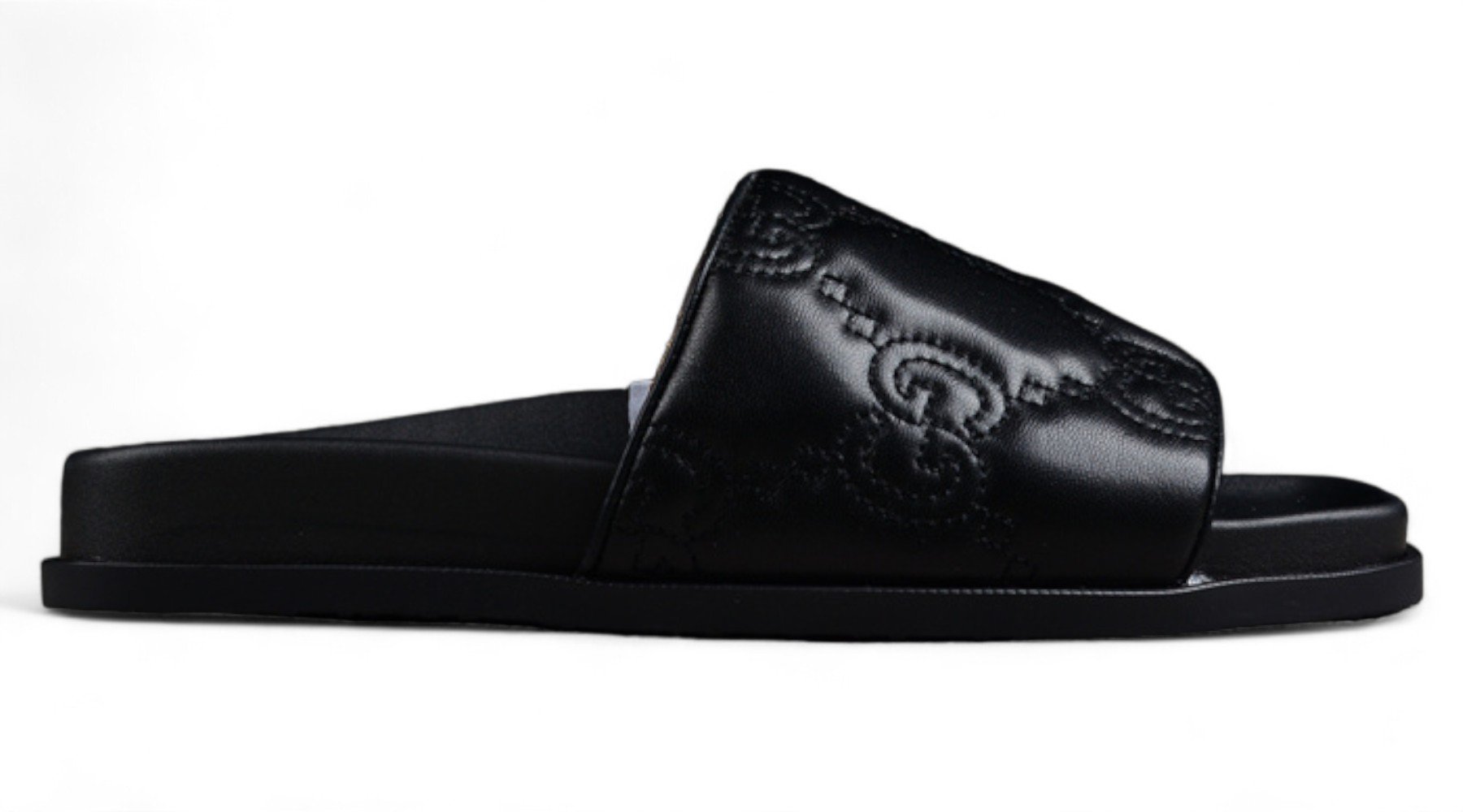 Gucci Black Leather Slide Sandals with Embossed Logo